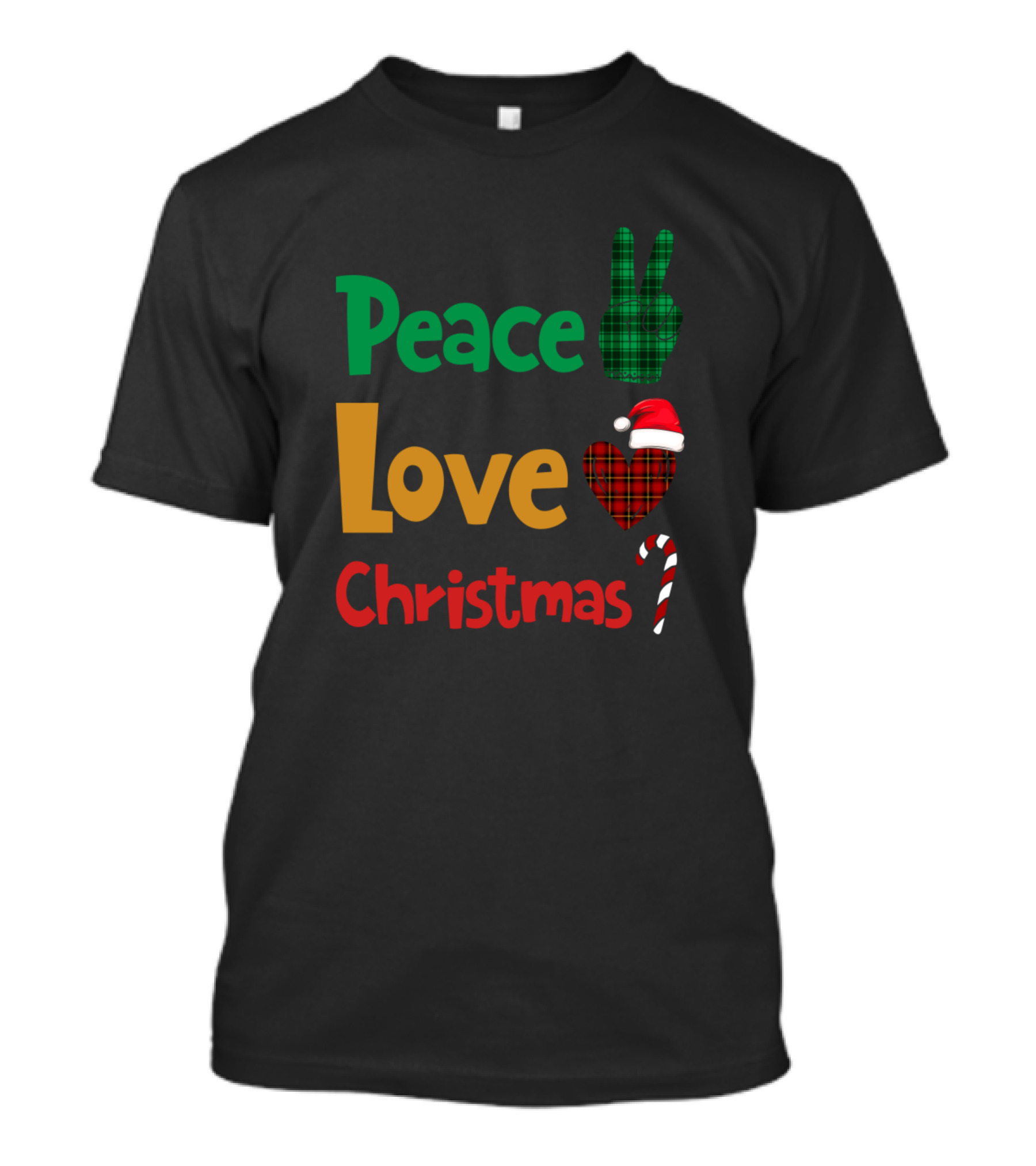 Kids Peace Love Christmas Candy Cane Plaid And Santa Hat T-Shirt