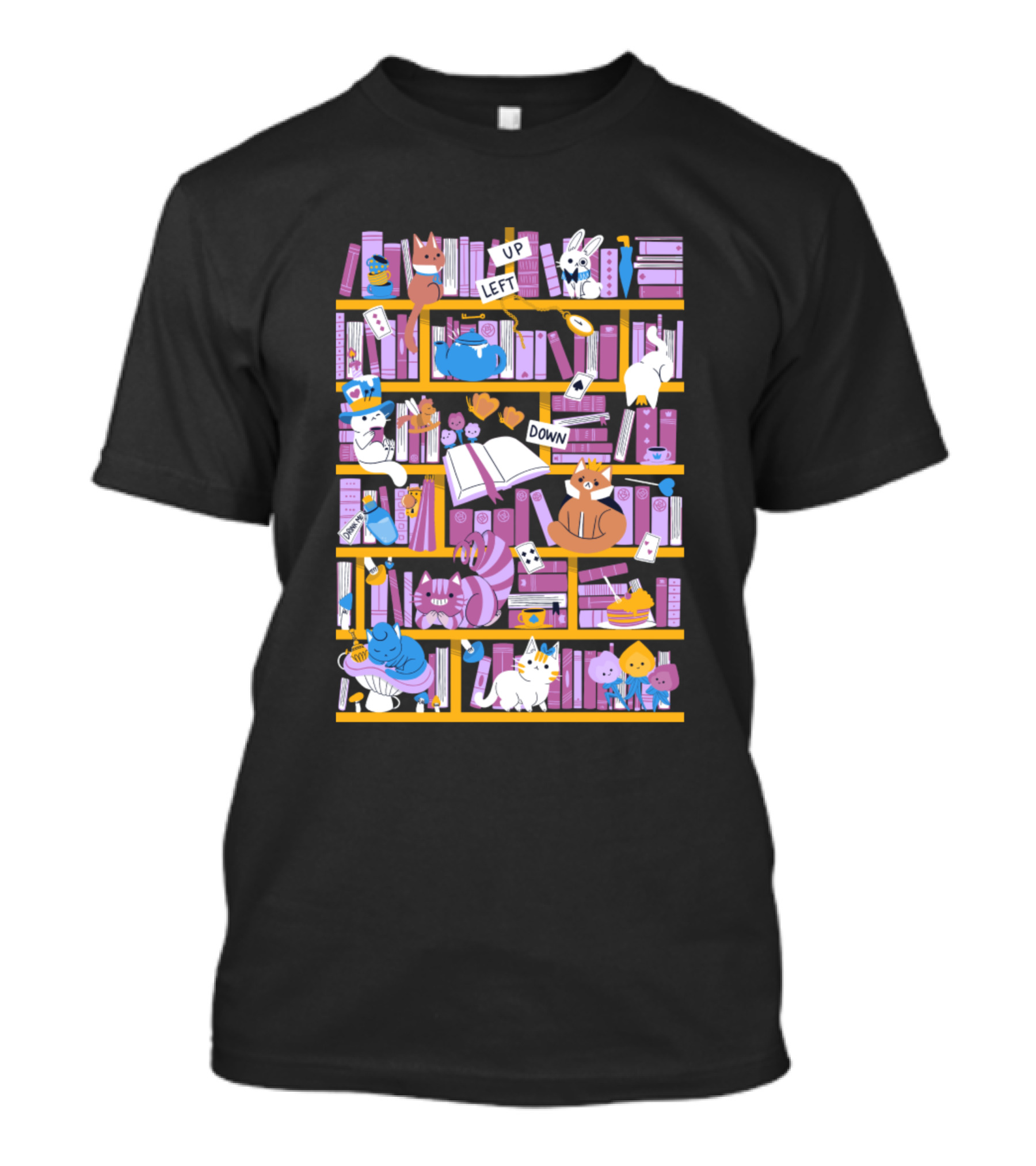 Alice In Wonderland Library Adventure With Cats And Cards T-Shirt