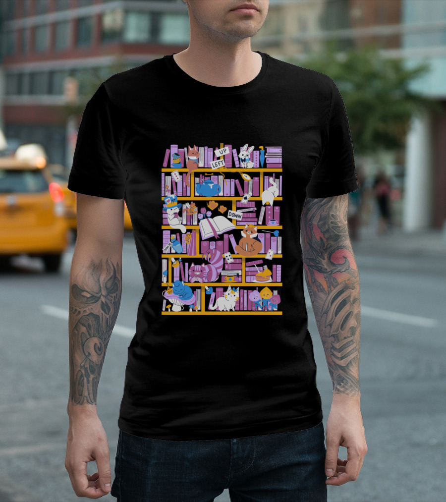 Alice In Wonderland Library Adventure With Cats And Cards T-Shirt