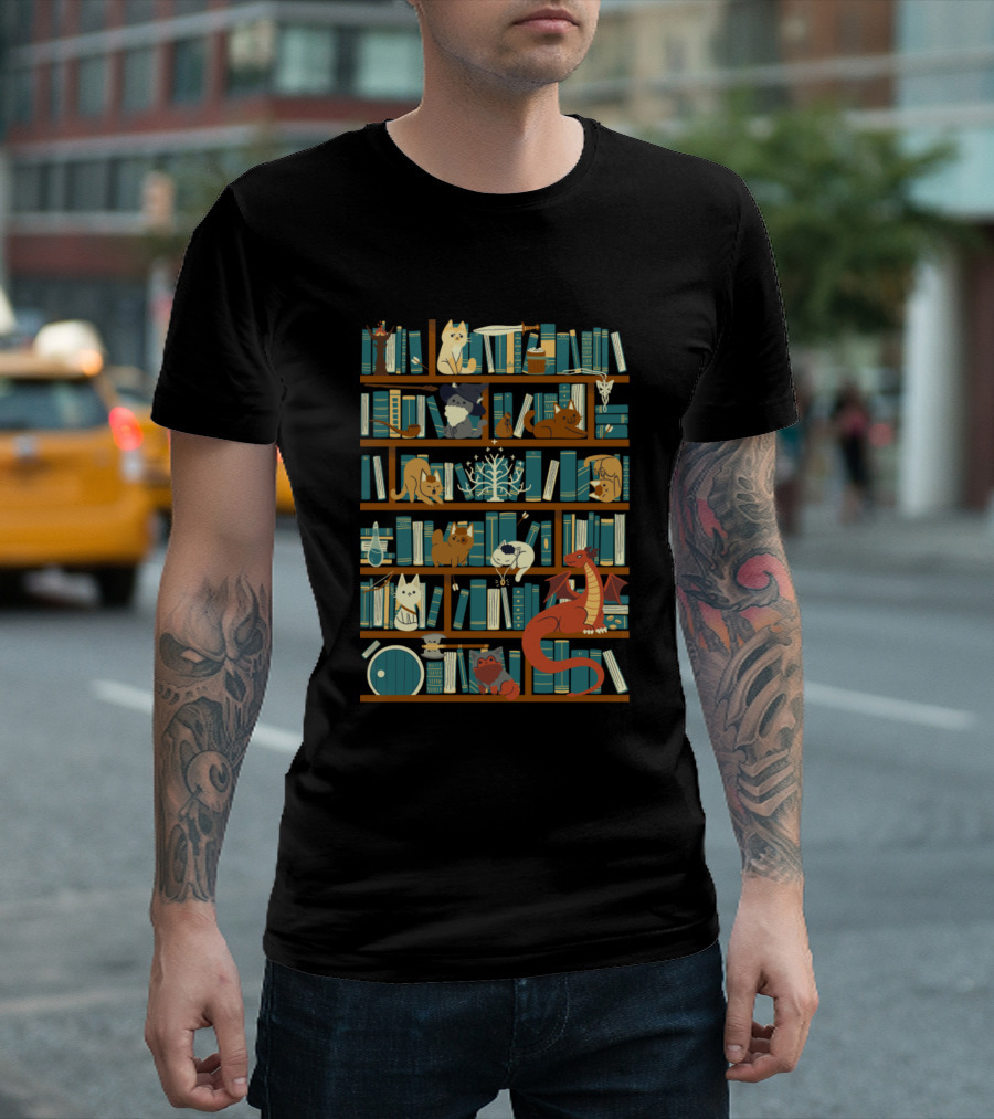 Library of the Ring Fantasy Creatures Bookshelf with Cats, Wizard, Dragon, and Adventure Elements T-Shirt