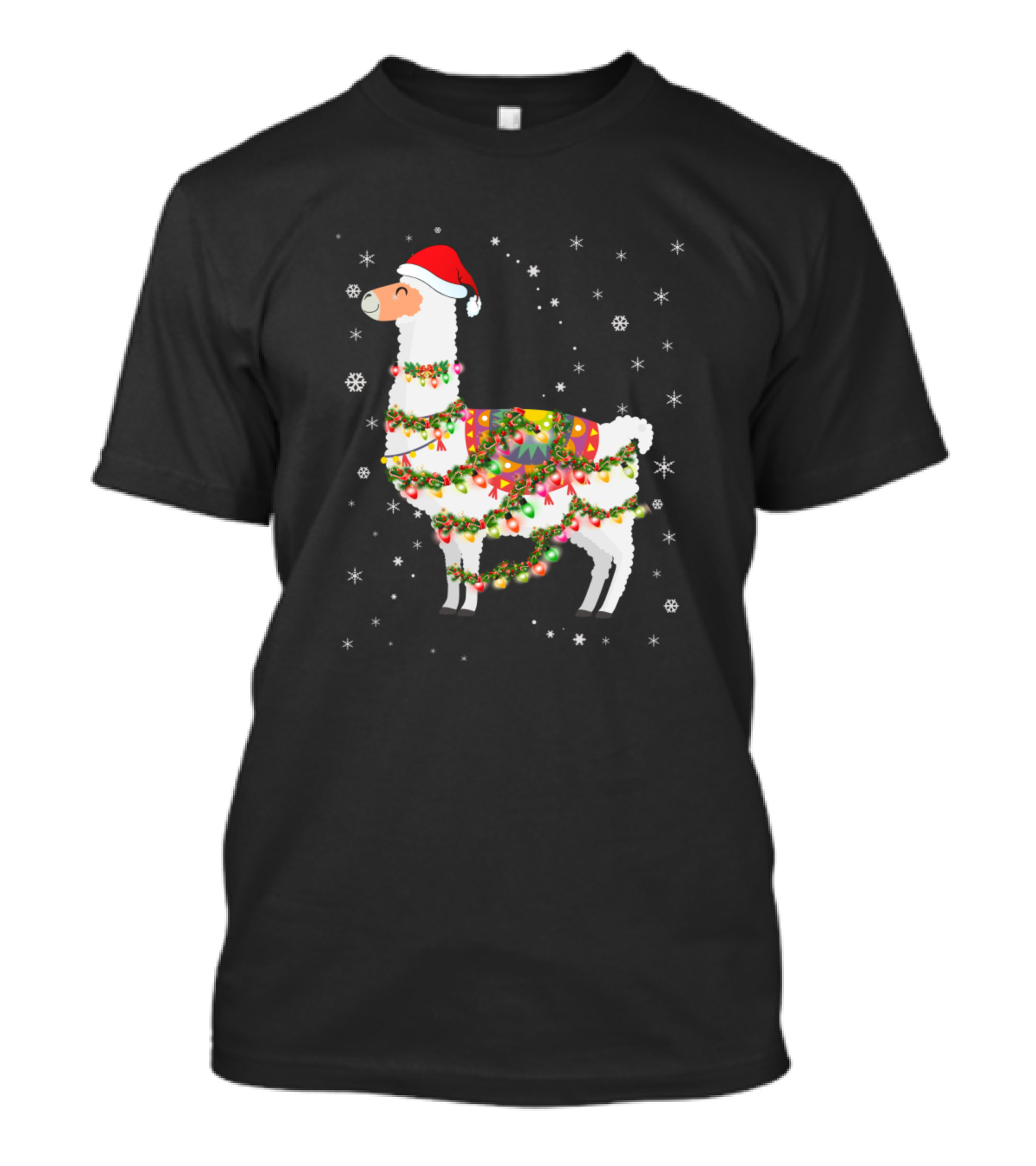 Llama Christmas Santa Hat Festive Lights Snowflakes T-Shirt