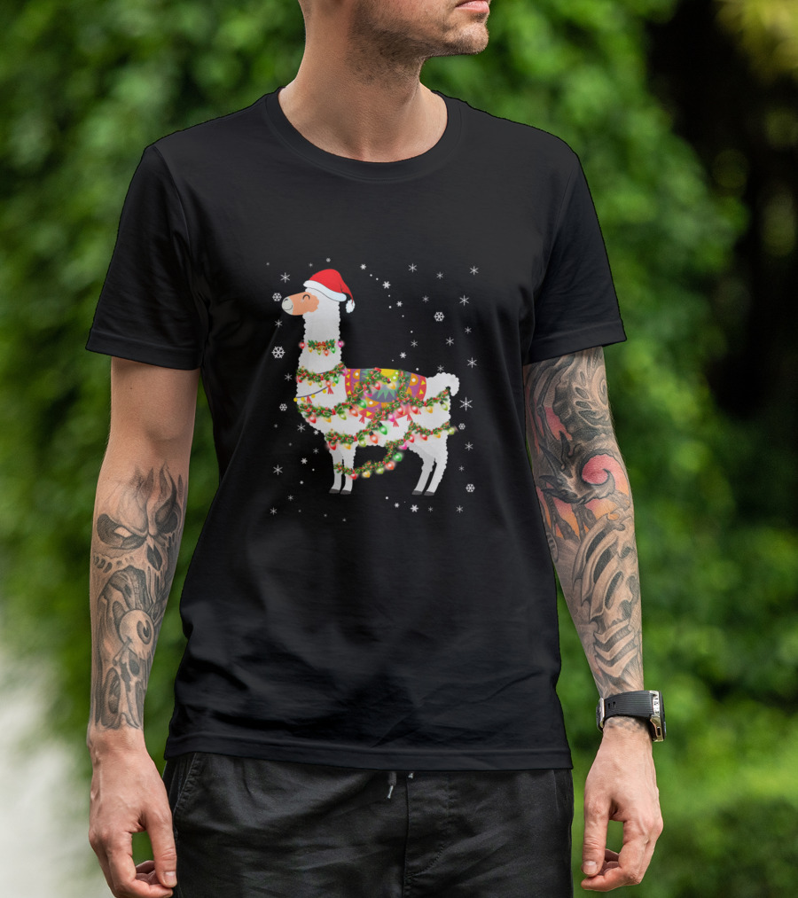 Llama Christmas Santa Hat Festive Lights Snowflakes T-Shirt