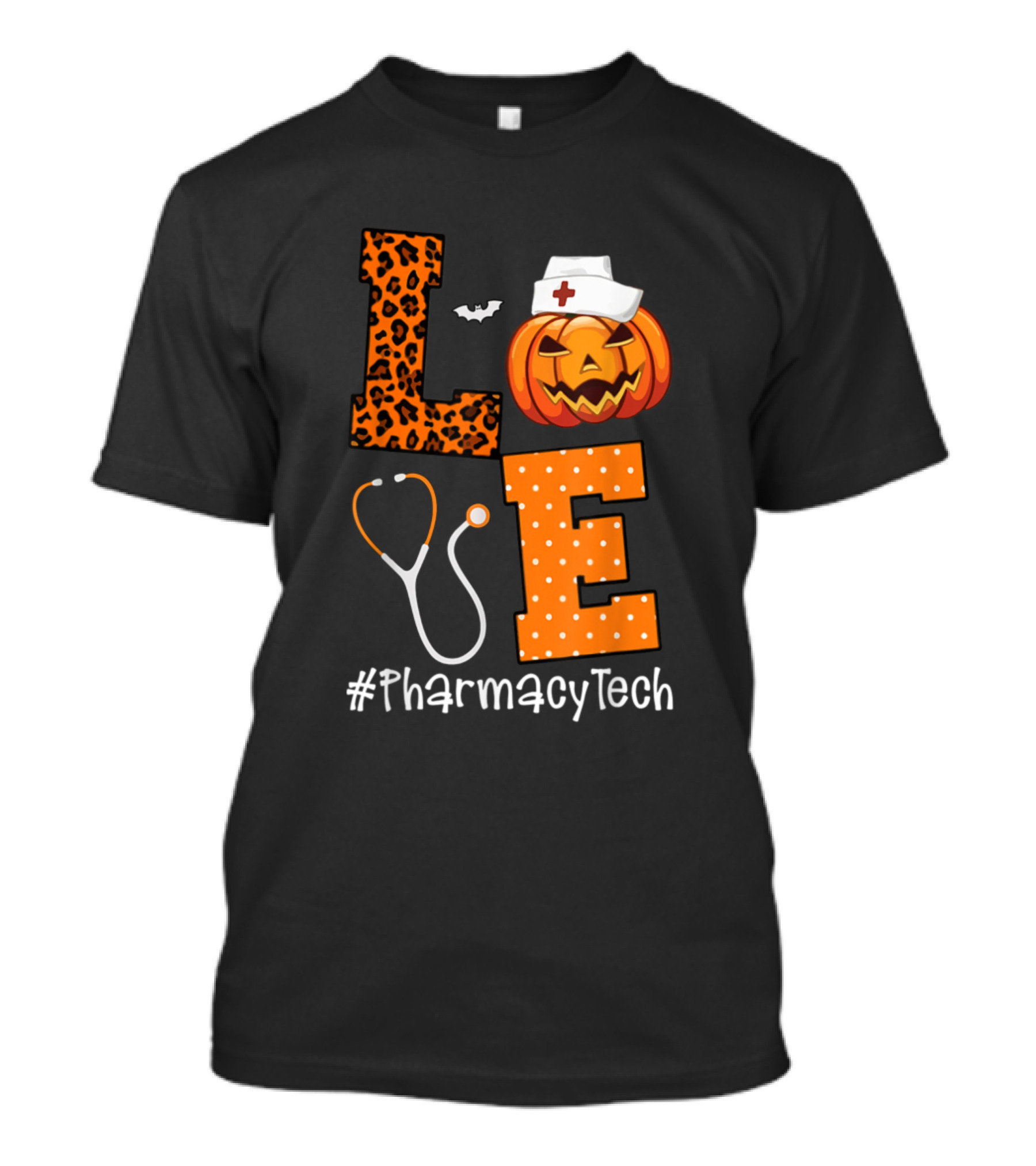 LOVE Pharmacy Tech Leopard Pumpkin Halloween Stethoscope Nurse Hat T-Shirt