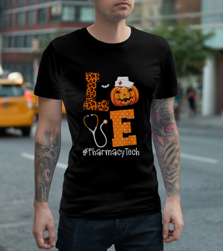 LOVE Pharmacy Tech Leopard Pumpkin Halloween Stethoscope Nurse Hat T-Shirt
