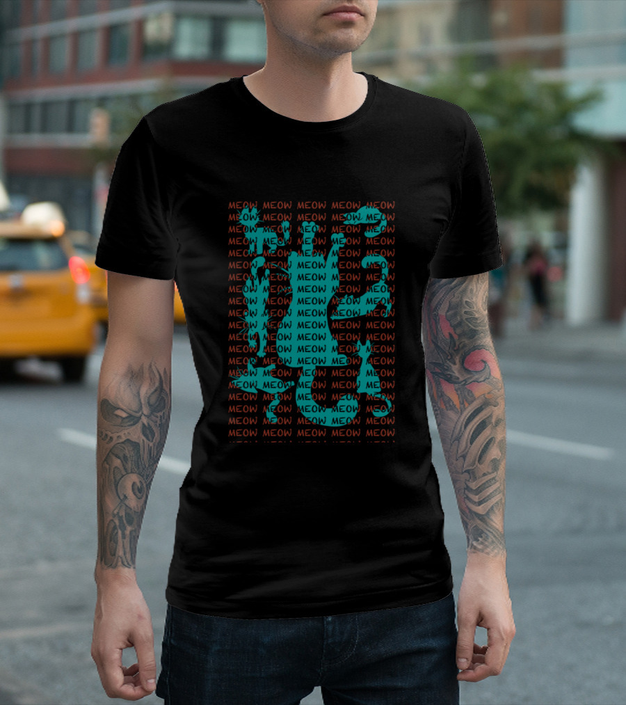 Meow Meow Meow Cat Silhouette Wall Of Text T-Shirt
