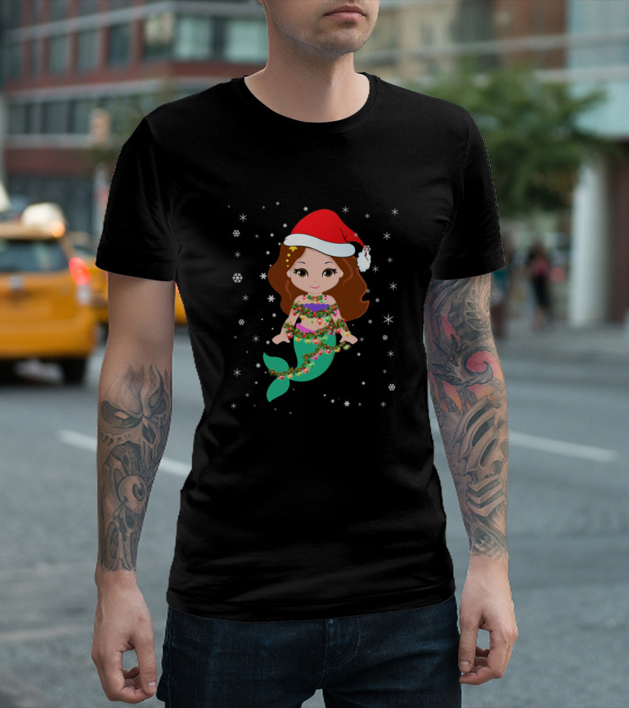 Mermaid Light Christmas Santa Hat Snowflakes T-Shirt