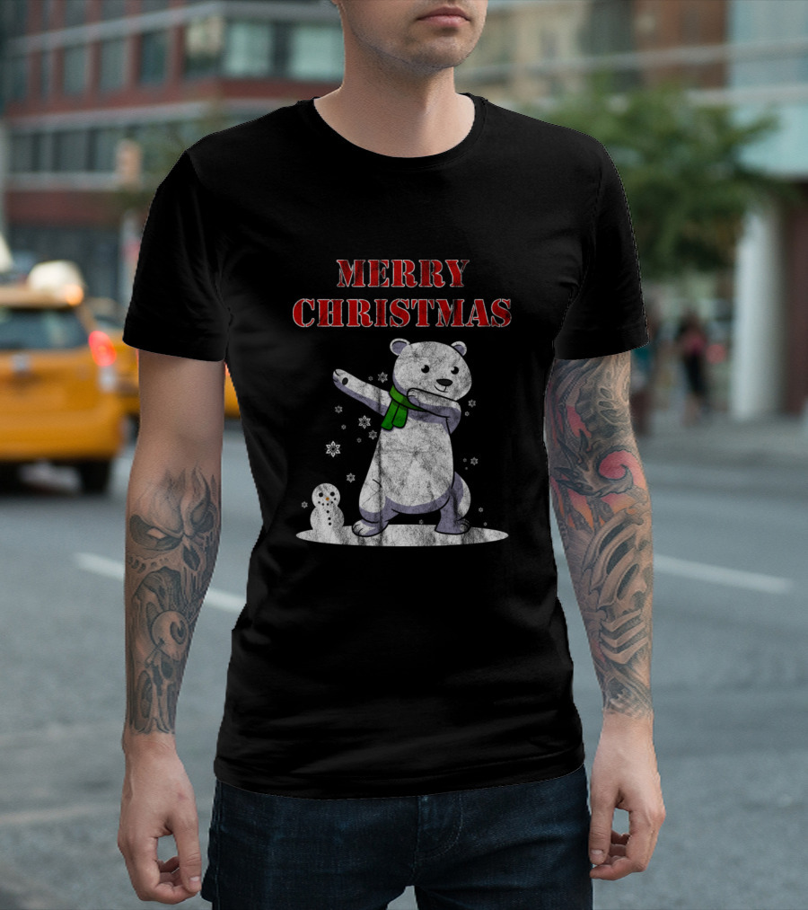 Merry Christmas Dabbing Ice Bear With Snowflakes And Snowman T-Shirt
