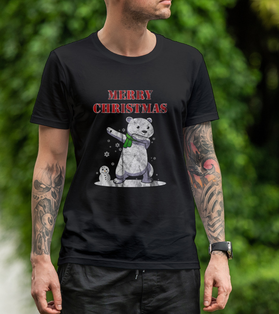 Merry Christmas Dabbing Ice Bear With Snowflakes And Snowman T-Shirt