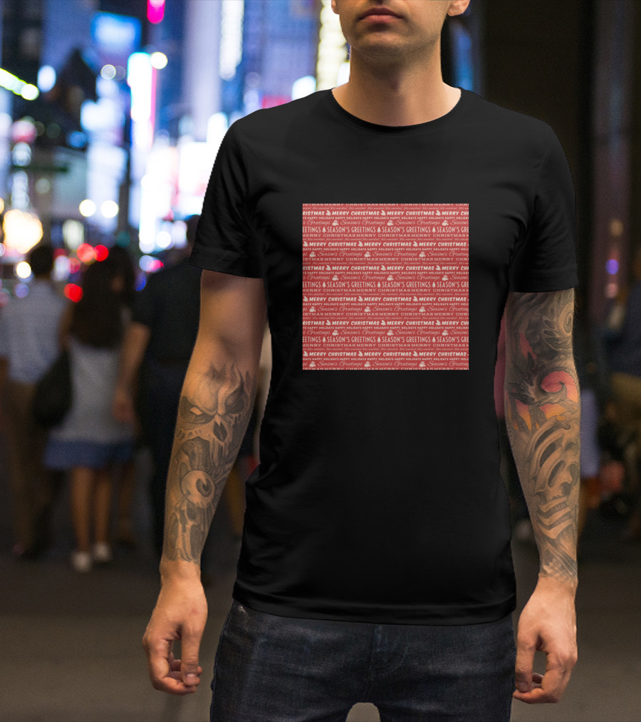 Merry Christmas And Season's Greetings Typography In Red And White Repeating T-Shirt
