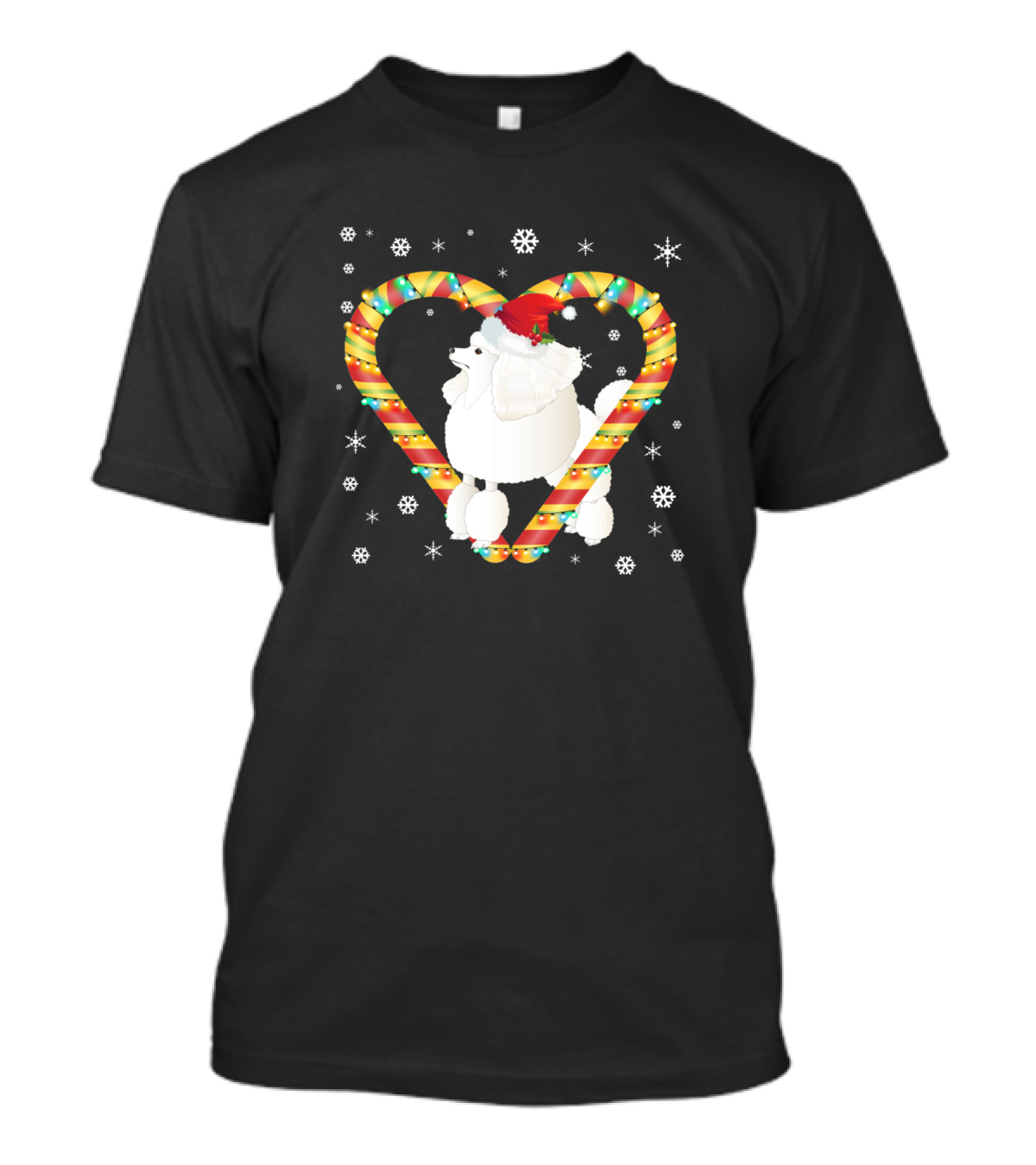 Poodle Santa Hat Candy Cane Heart With Snowflakes Christmas Light T-Shirt