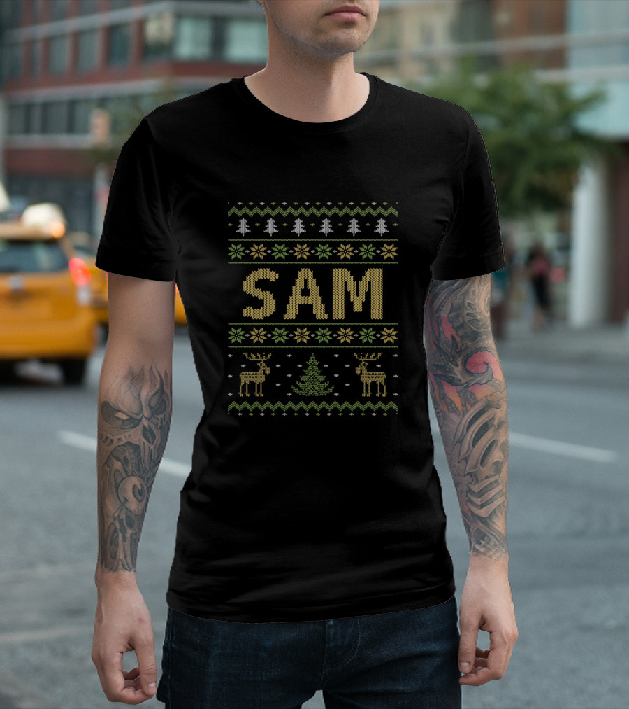Sam Ugly Christmas Sweater Reindeer Trees Snowflakes T-Shirt