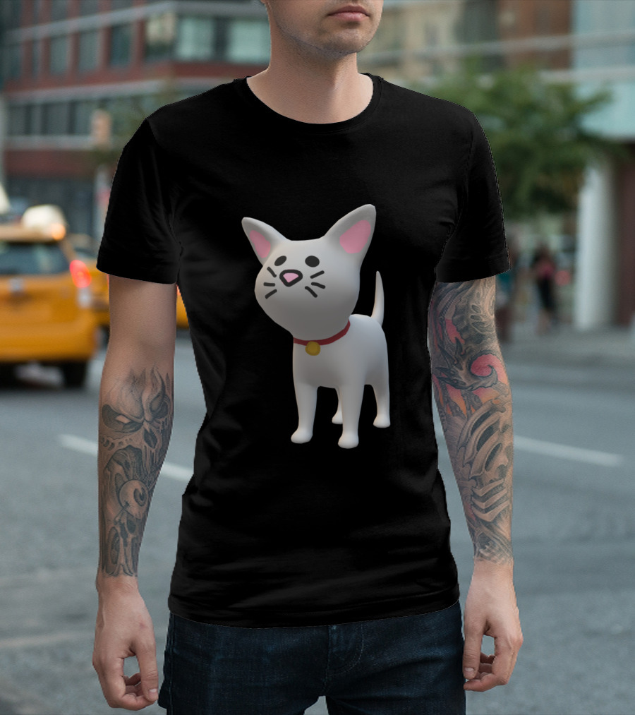 3D Cartoon Cat with Collar and Whiskers T-Shirt