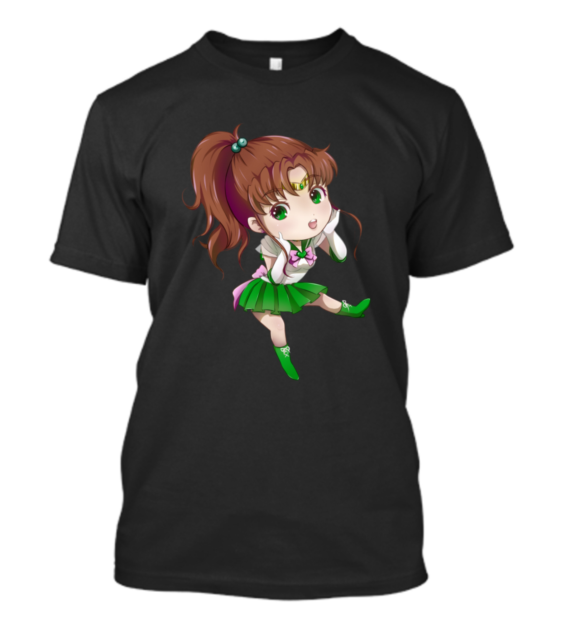 Chibi Sailor Jupiter Anime Character Green Outfit Brown Hair Cute T-Shirt