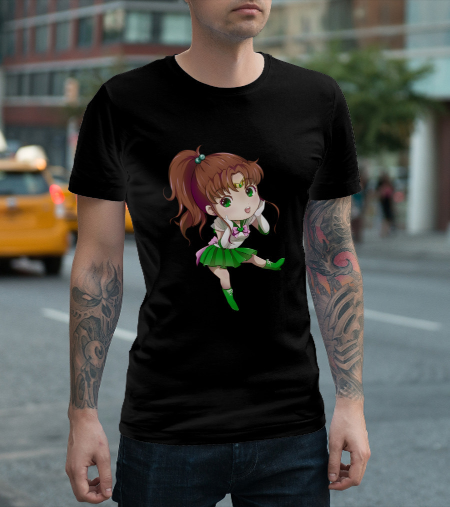 Chibi Sailor Jupiter Anime Character Green Outfit Brown Hair Cute T-Shirt