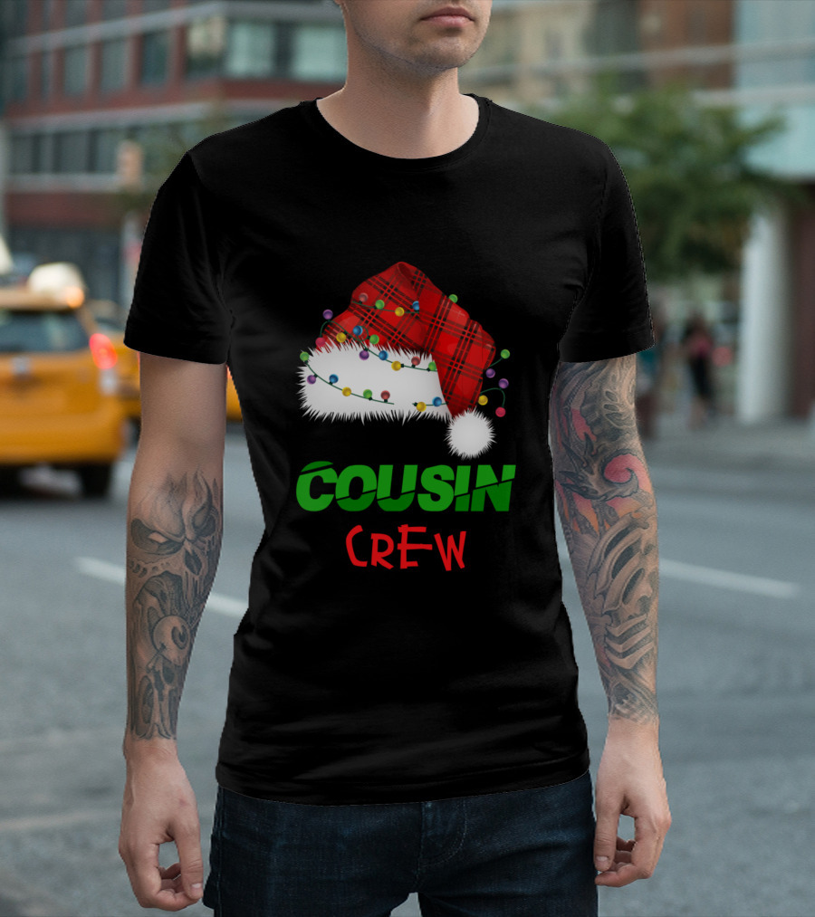 Cousin Crew Christmas Lights Red Plaid Santa Hat T-Shirt