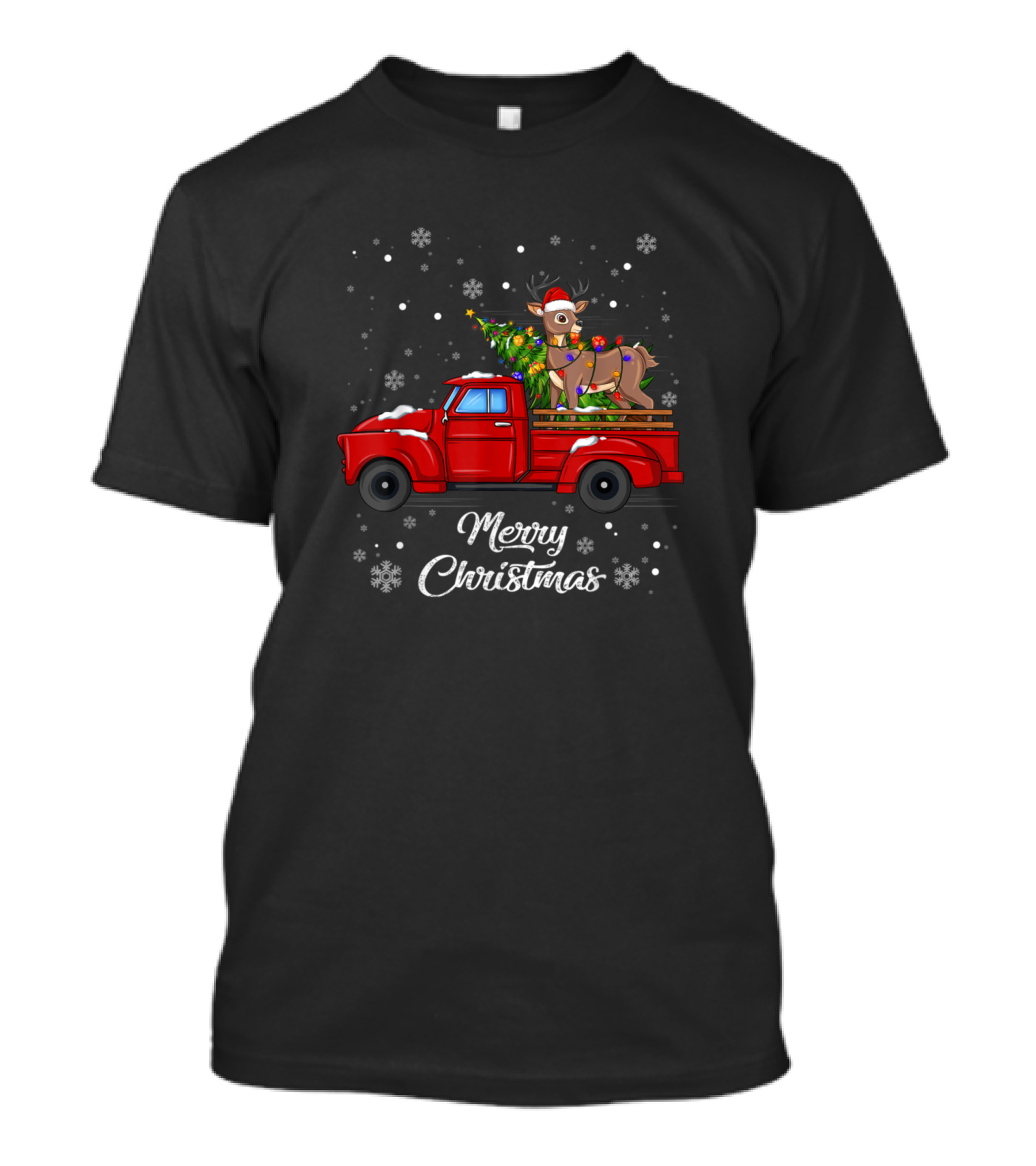Merry Christmas Deer On Red Truck With Christmas Tree And Snowflakes T-Shirt