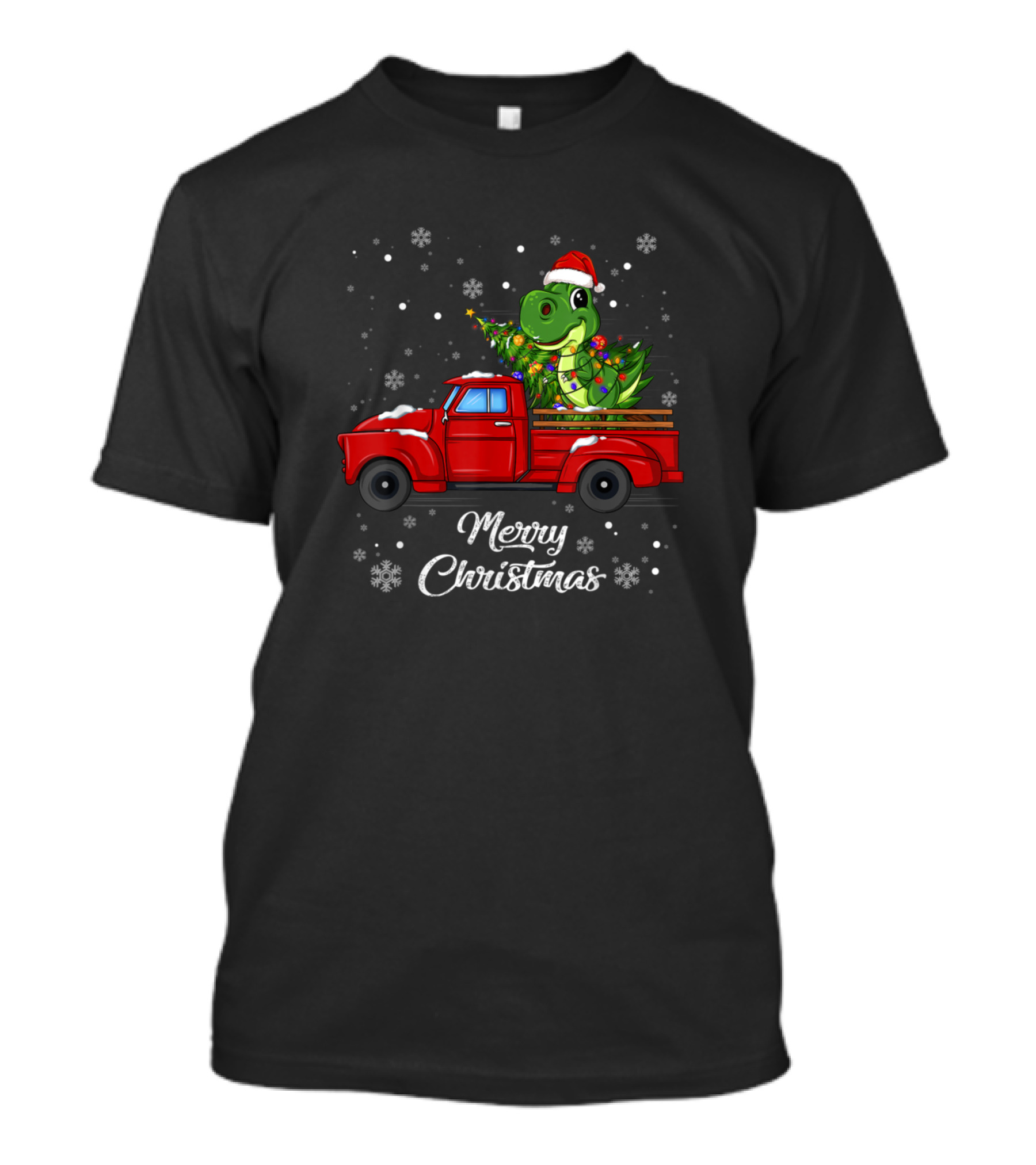 Merry Christmas Dinosaur Santa Hat Rides Red Truck T-Shirt