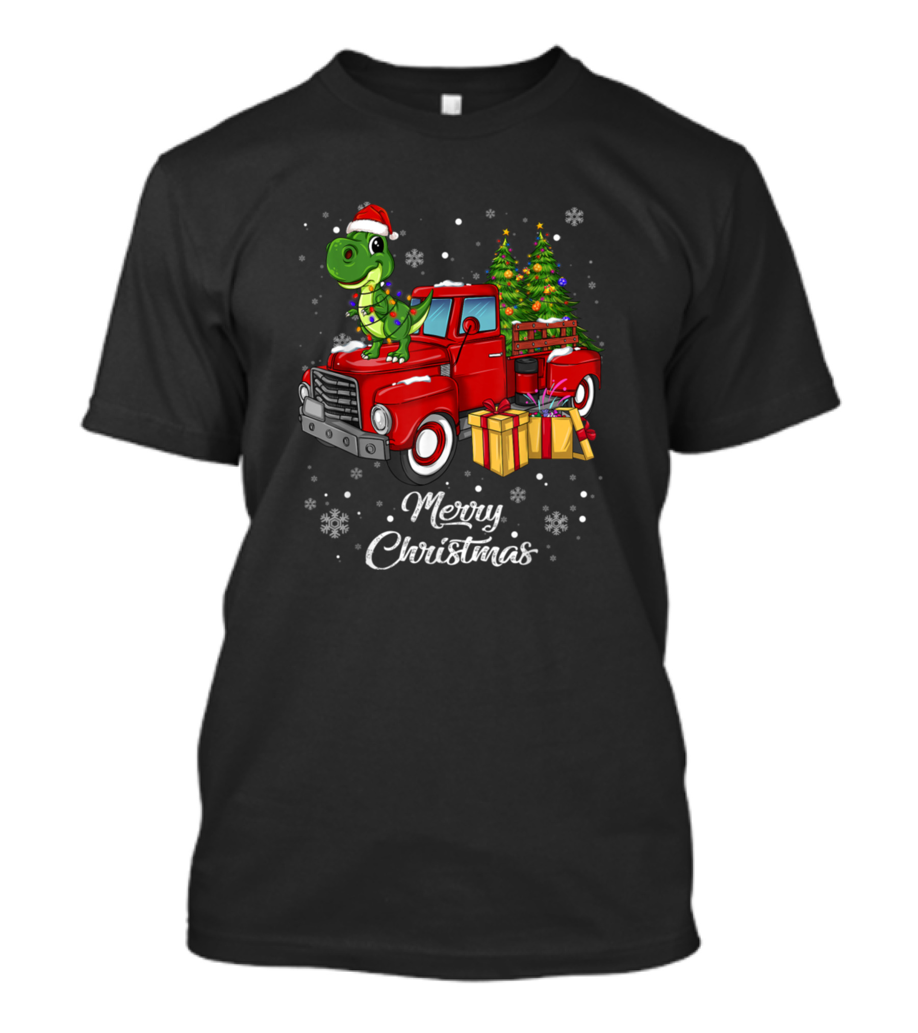 Merry Christmas Dinosaur Santa Hat Red Truck T-Shirt