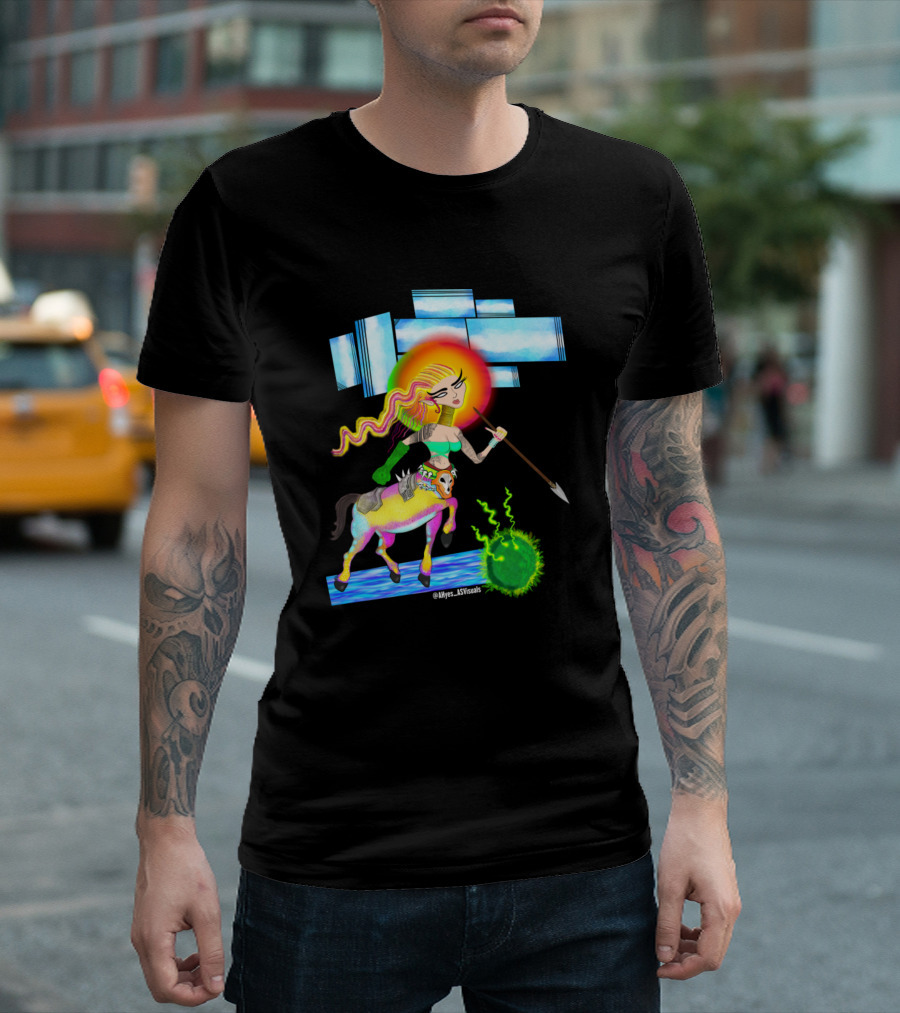 Elvish Centauride Warrior Wielding Spear and Shield with Radiant Halo by Alyex Asvisuals T-Shirt