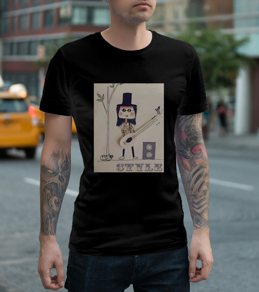STYLE Hand Drawn Painting Little Boy with Guitar Top Hat and Sunglasses T-Shirt