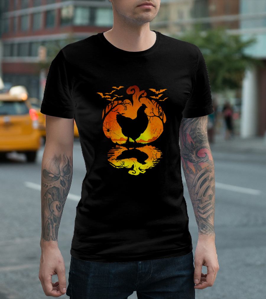 Happy Halloween Chicken Pumpkin Silhouette with Bats and Spider Webs T-Shirt