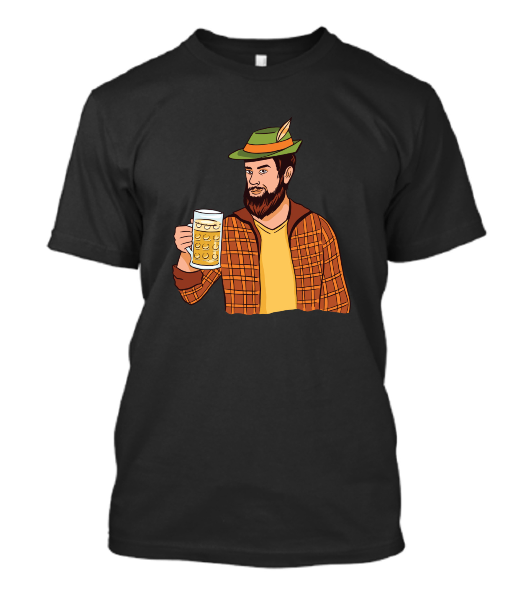 Hipster Man With A Beer Mug In Plaid Jacket And Green Hat With Feather T-Shirt