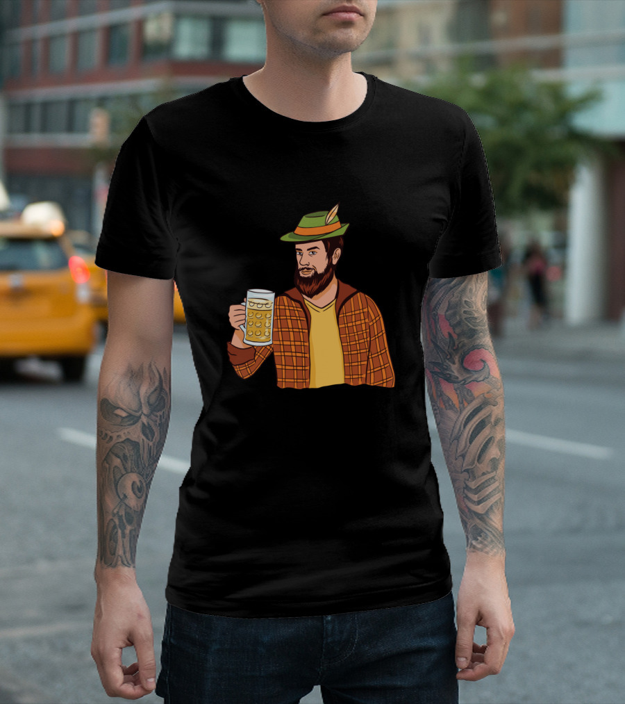 Hipster Man With A Beer Mug In Plaid Jacket And Green Hat With Feather T-Shirt
