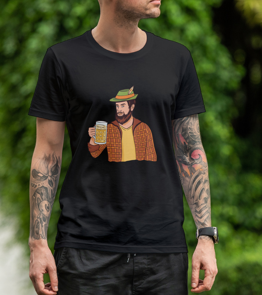 Hipster Man With A Beer Mug In Plaid Jacket And Green Hat With Feather T-Shirt