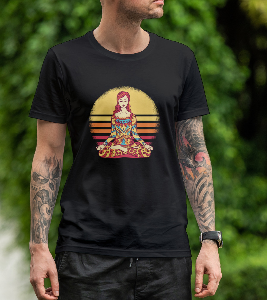 Mandala Yoga Woman Colorful Crossed Leg Pose Sunset Meditation T-Shirt