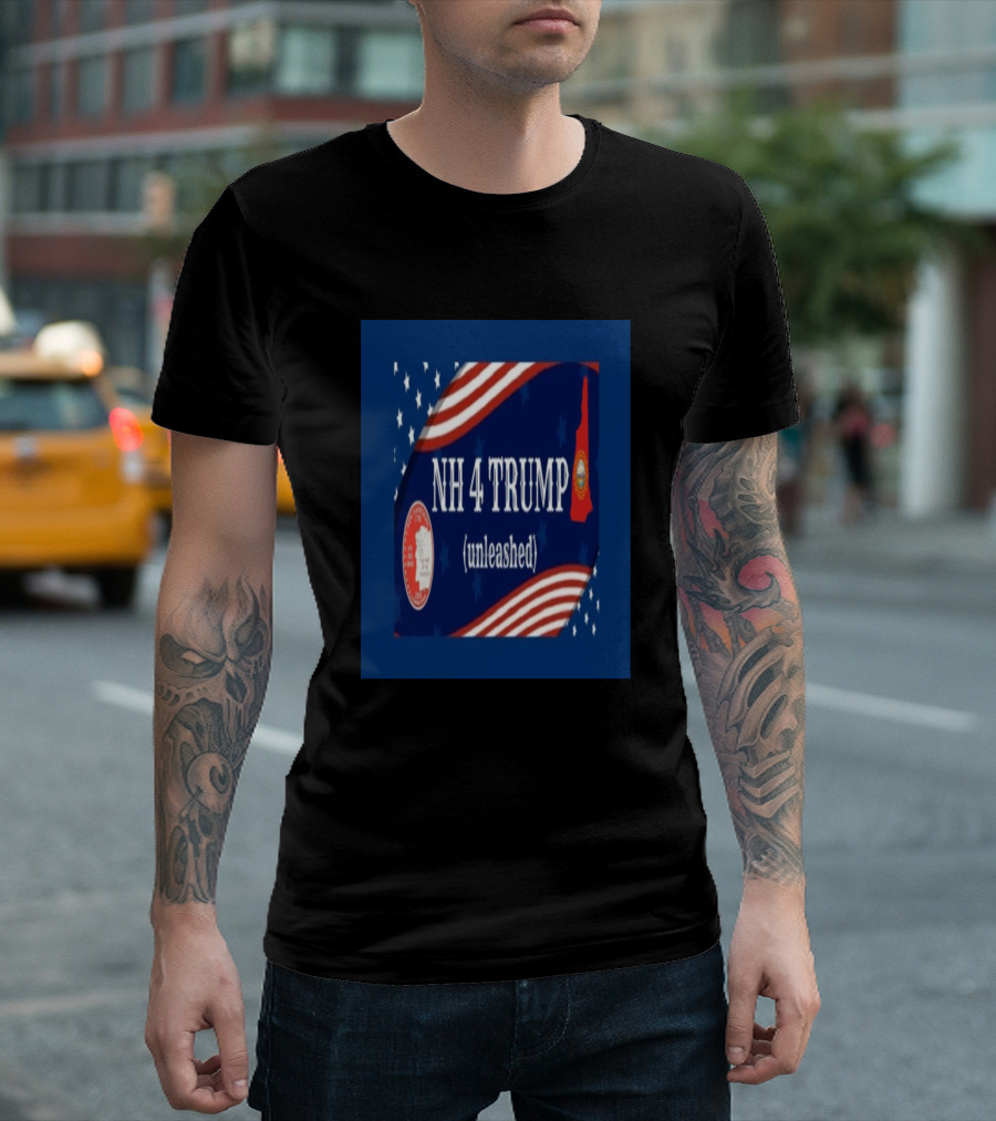 NH 4 Trump Unleashed American Flag and New Hampshire Silhouette T-Shirt