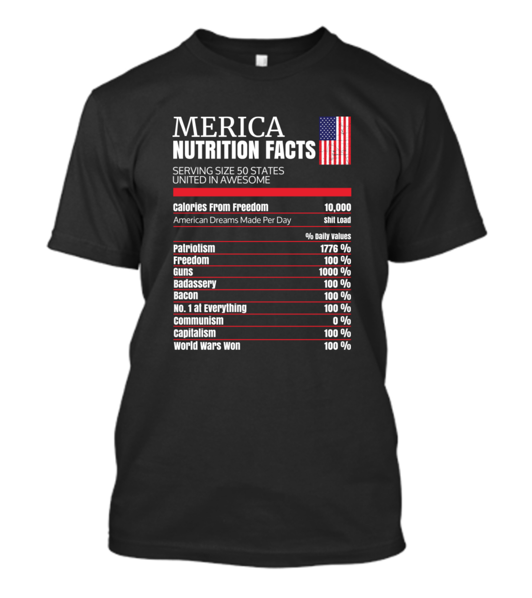 MERICA NUTRITION FACTS 50 STATES FREEDOM PATRIOTISM 1776 BADASSERY AMERICAN DREAMS FLAG T-Shirt