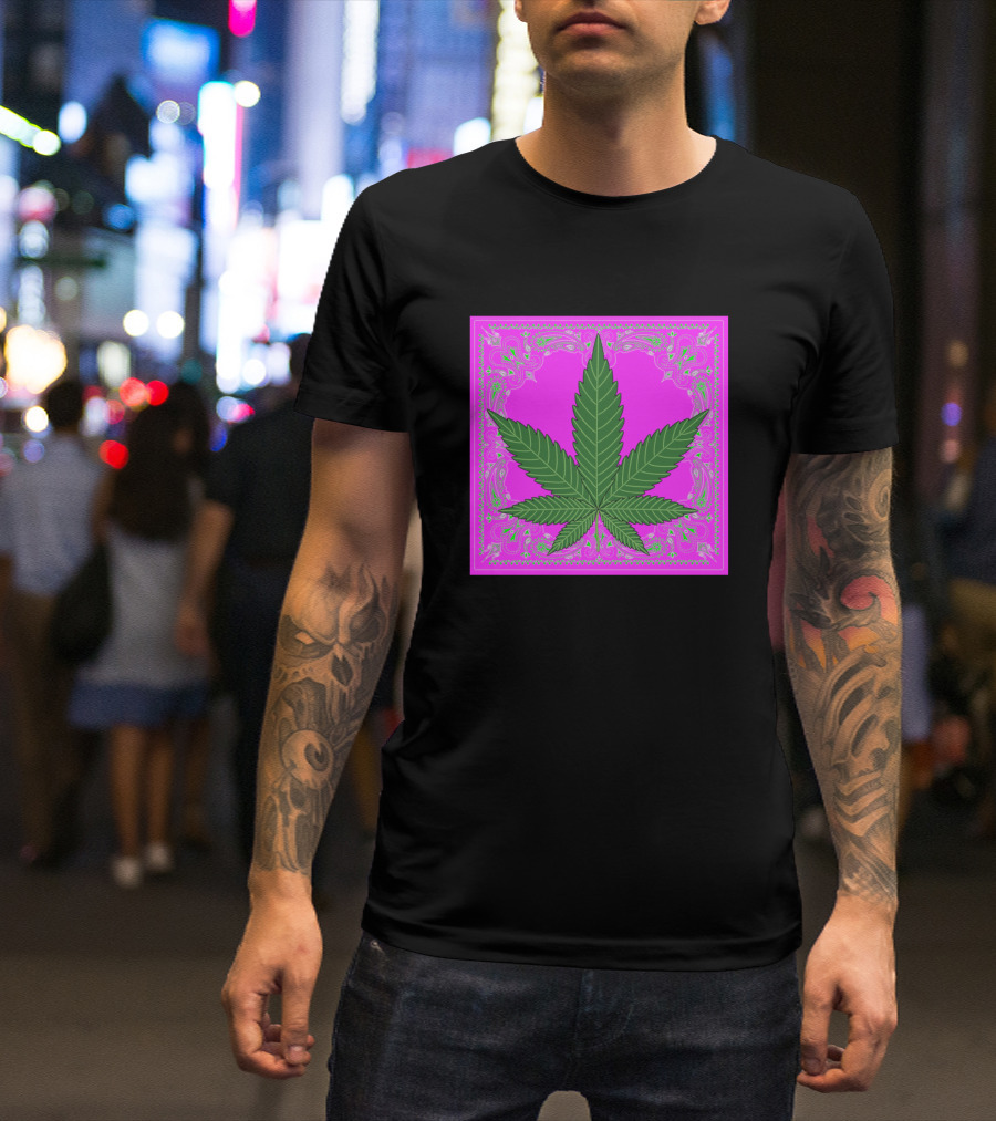 Pink Marijuana Leaf With Green Bandana T-Shirt