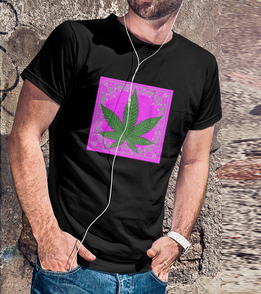 Pink Marijuana Leaf With Green Bandana T-Shirt