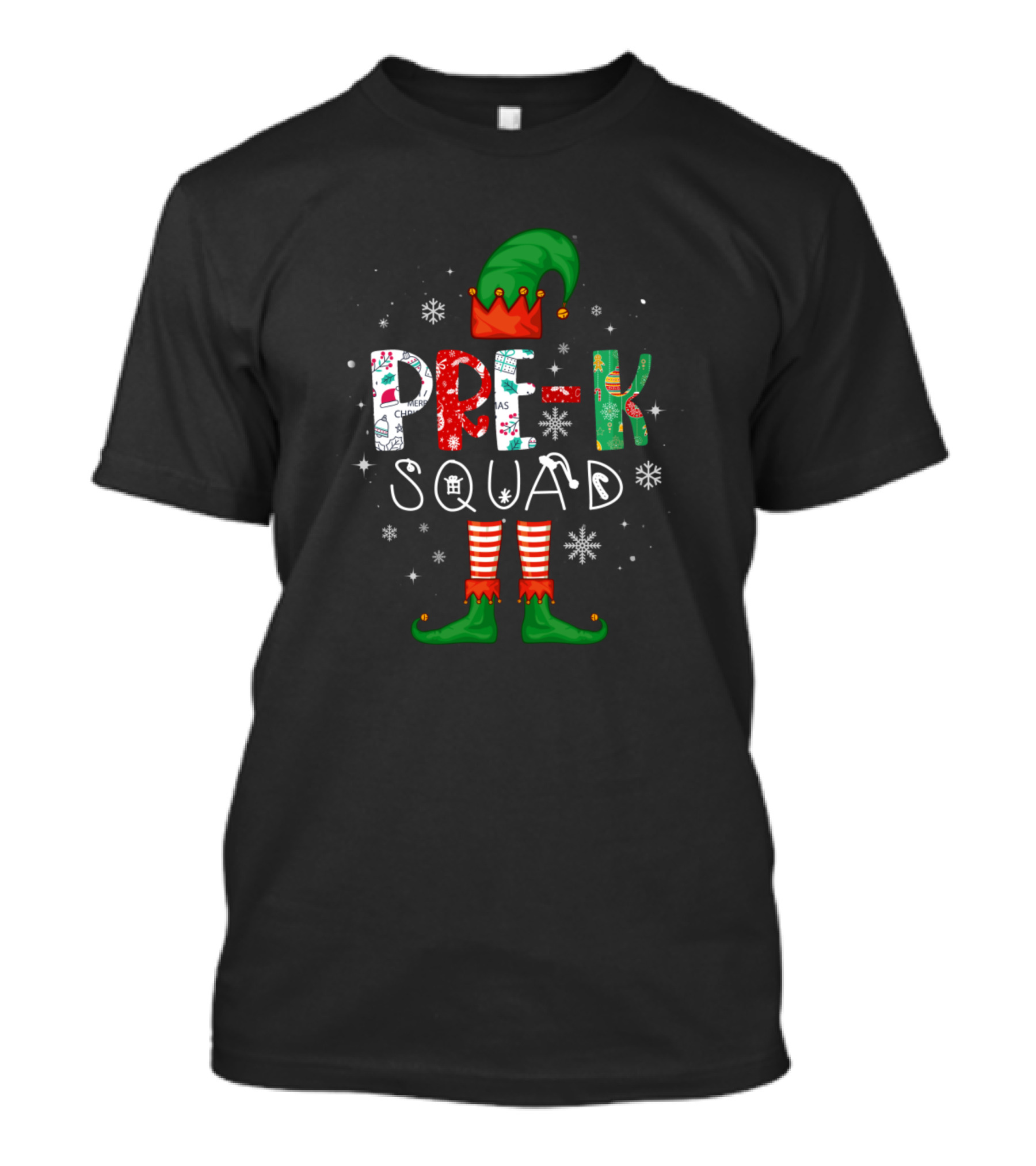 Pre K Squad Teacher Elf Christmas Youth Snowflakes And Striped Elf Boots T-Shirt