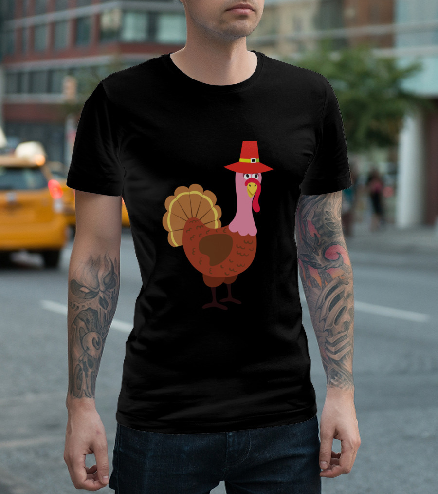 Turkey in Red Pilgrim Hat Thanksgiving T-Shirt