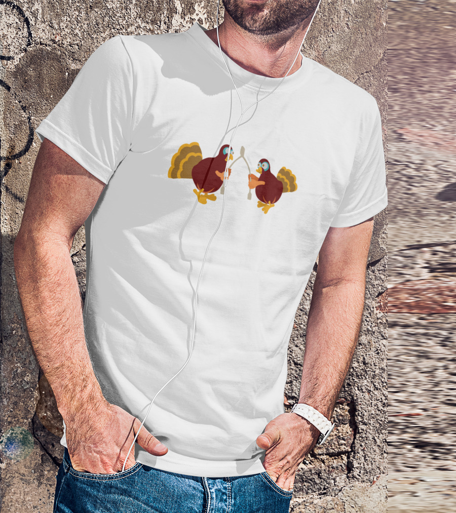 Double Turkeys Challenging Each Other In Wishbone Tug Battle T-Shirt