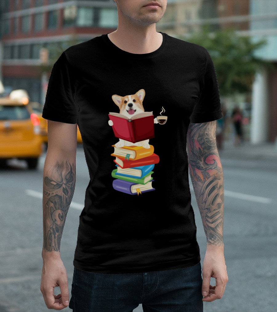 Welsh Corgi Books Coffee Reading Dog T-Shirt