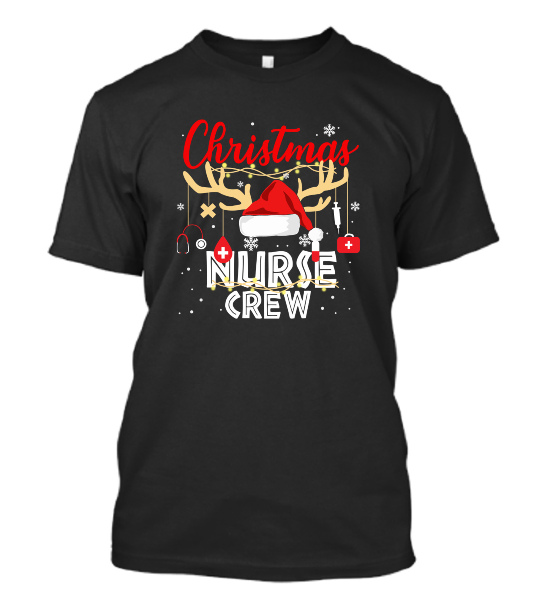 Christmas Nurse Crew Antlers Santa Hat Snowflakes Stethoscope T-Shirt