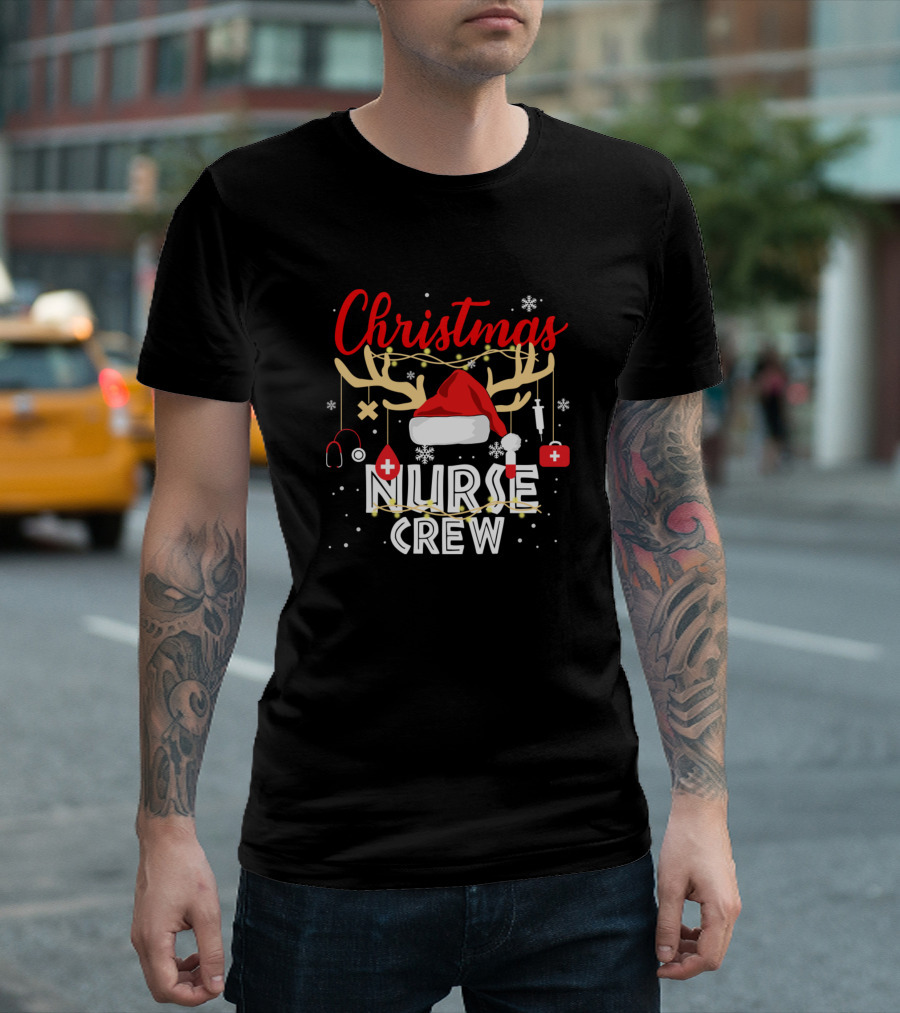 Christmas Nurse Crew Antlers Santa Hat Snowflakes Stethoscope T-Shirt