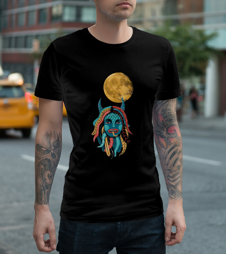 Demoness Colorful Horned Mask Under Full Moon T-Shirt
