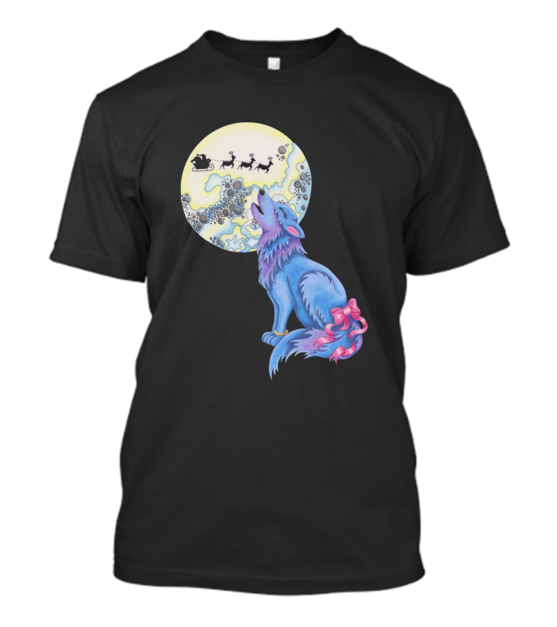 Happy Howlidays Blue Wolf Howling At Moon With Santa Sleigh And Reindeer T-Shirt