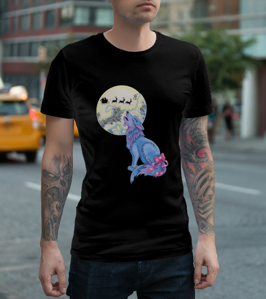 Happy Howlidays Blue Wolf Howling At Moon With Santa Sleigh And Reindeer T-Shirt
