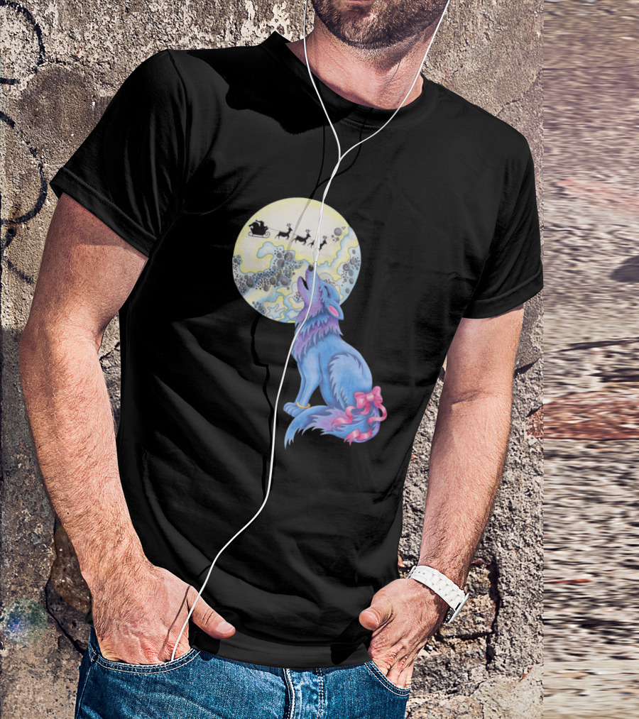 Happy Howlidays Blue Wolf Howling At Moon With Santa Sleigh And Reindeer T-Shirt
