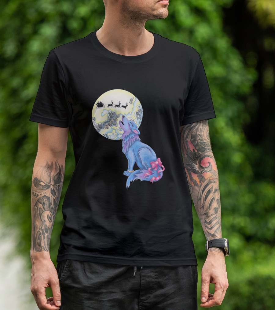Happy Howlidays Blue Wolf Howling At Moon With Santa Sleigh And Reindeer T-Shirt
