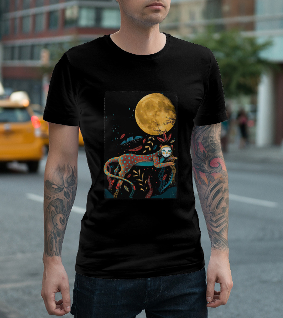 Leopard Moonlight with Leaves Under Golden Full Moon T-Shirt