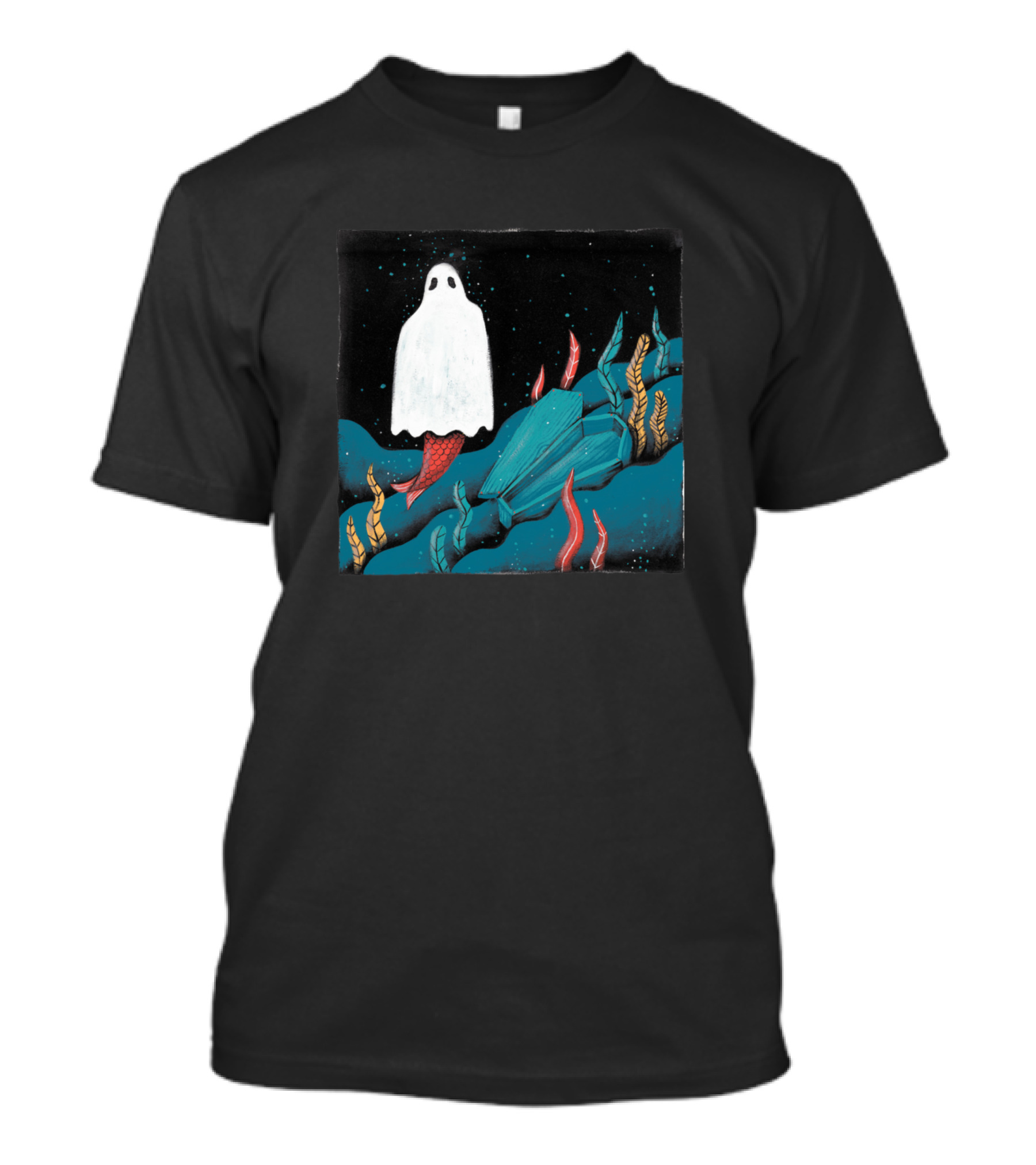 Mermaid Ghost With Red Tail In Dark Underwater Scene T-Shirt