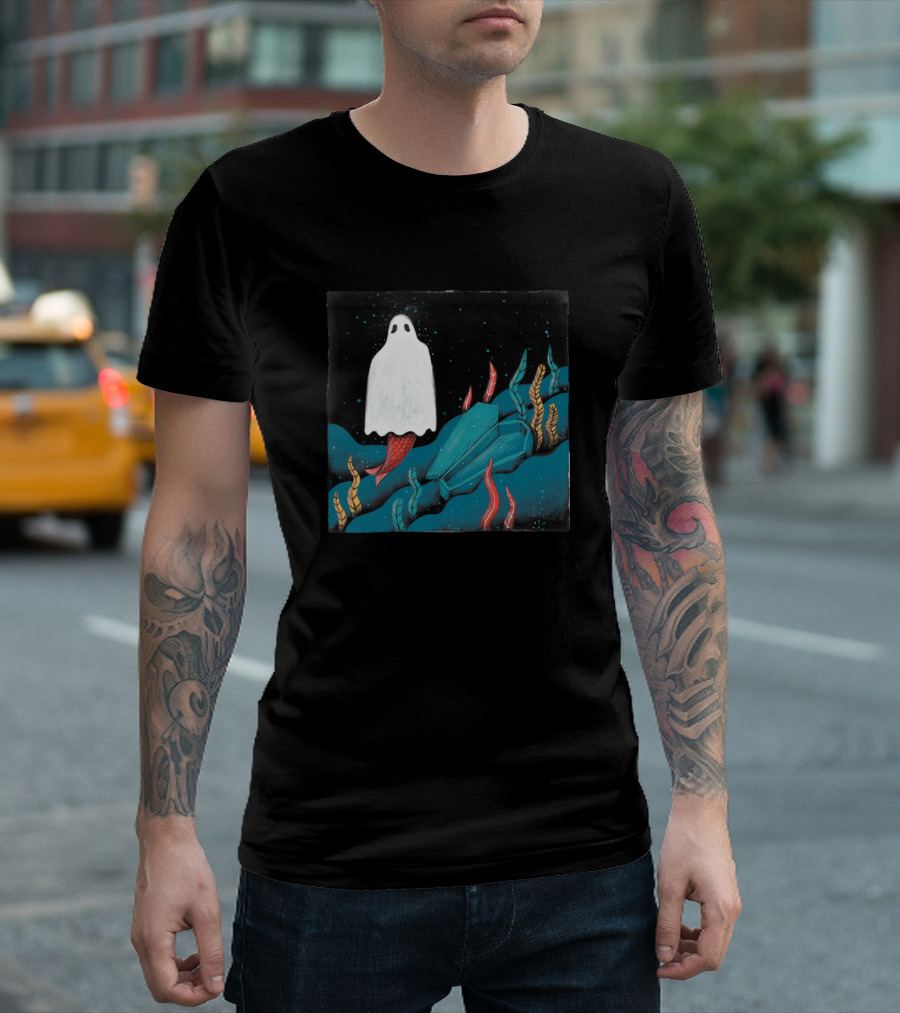 Mermaid Ghost With Red Tail In Dark Underwater Scene T-Shirt