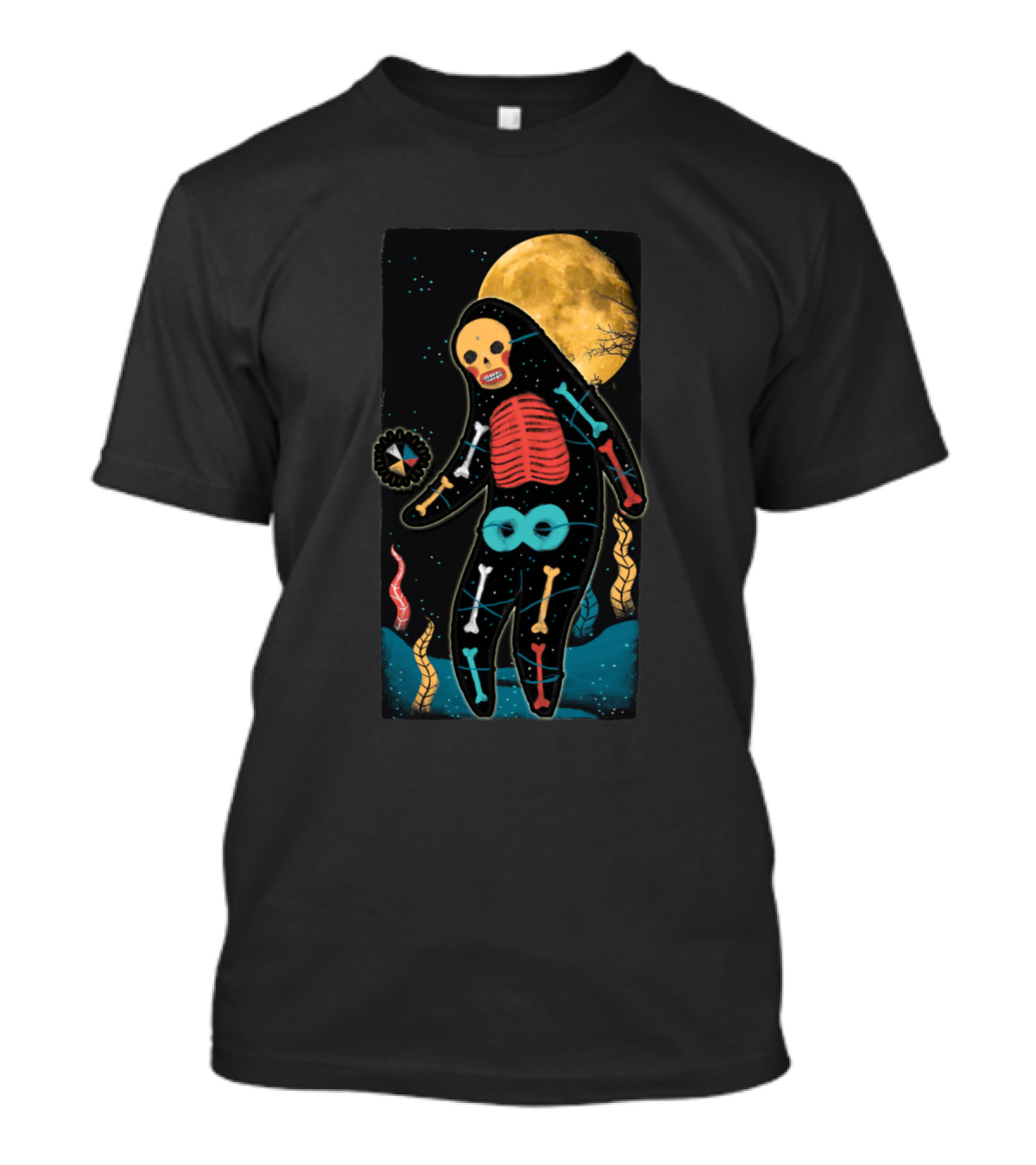 Skull Moonlight Cosmic Skeleton With Full Moon Background T-Shirt