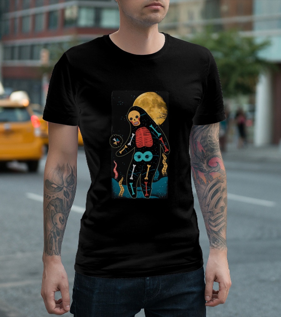 Skull Moonlight Cosmic Skeleton With Full Moon Background T-Shirt
