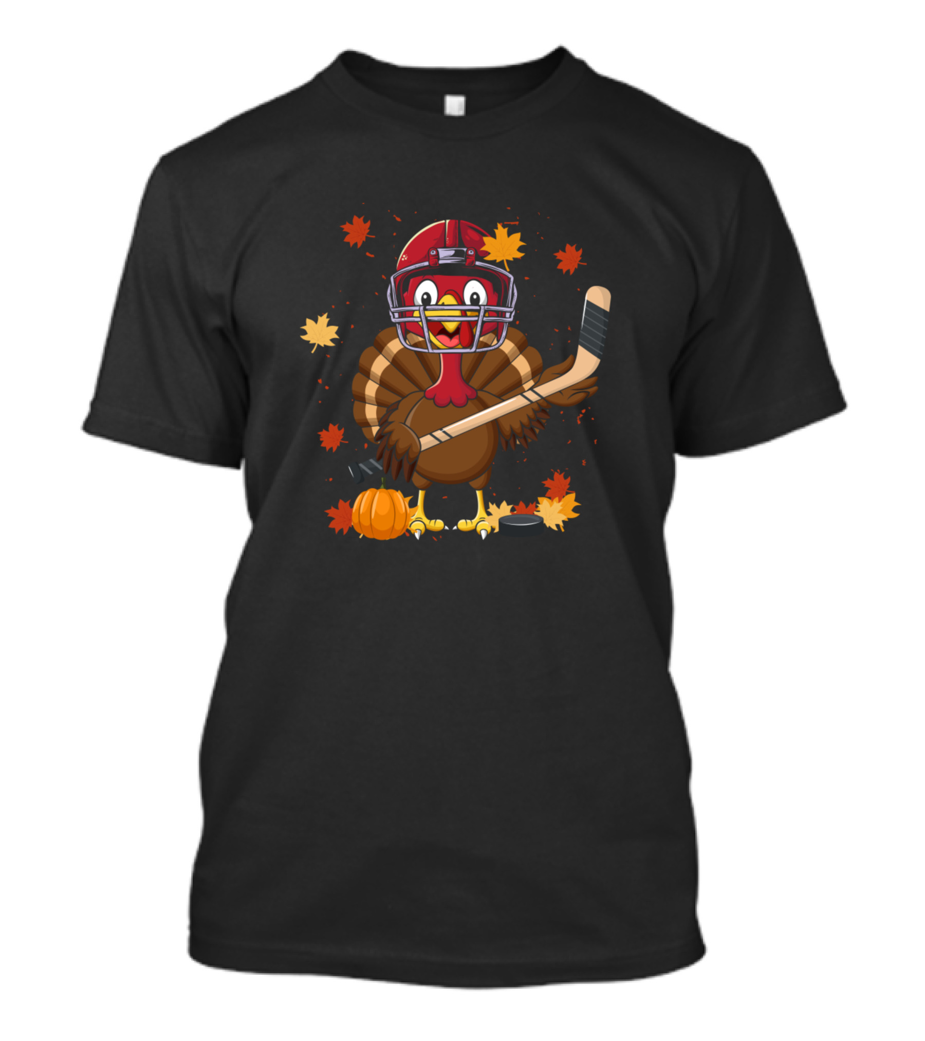 Turkey In Hockey Helmet With Stick And Autumn Leaves T-Shirt